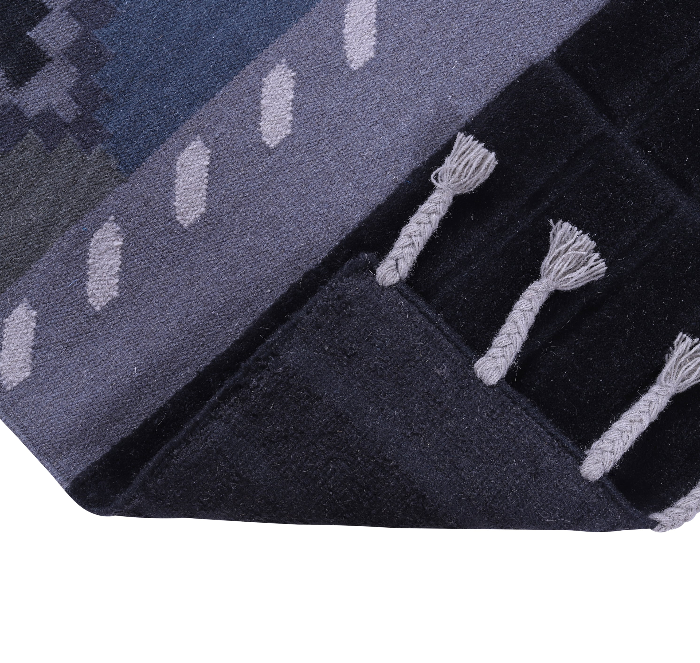 Gray-Black Wool Carpet with Diamond & Zigzag Bands