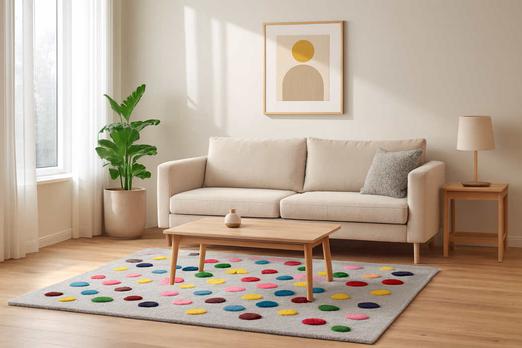 PEQURA Handwoven Wool Carpet – Gray Multicolor Dot Grid Rug, 4x6 ft