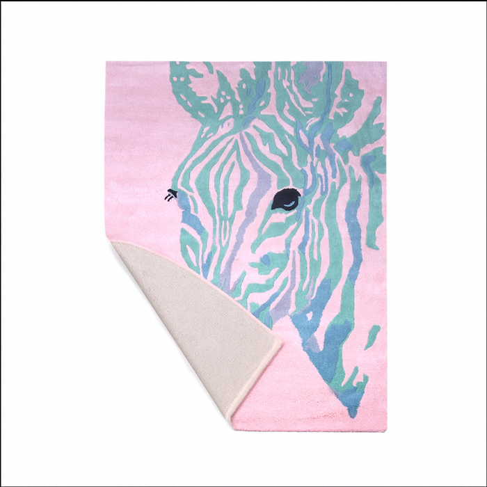 PEQURA Handwoven Wool Zebra Rug – 5x8 ft | Modern Pink Blue Wool Carpet