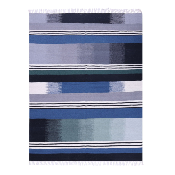 Blue, Black, and Beige, Hand-woven, Rectangle Rug