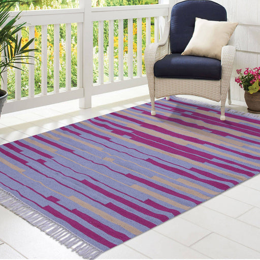 Grey, Pink, and Yellow, Stripe Pattern, Cotton PEQURA Rug