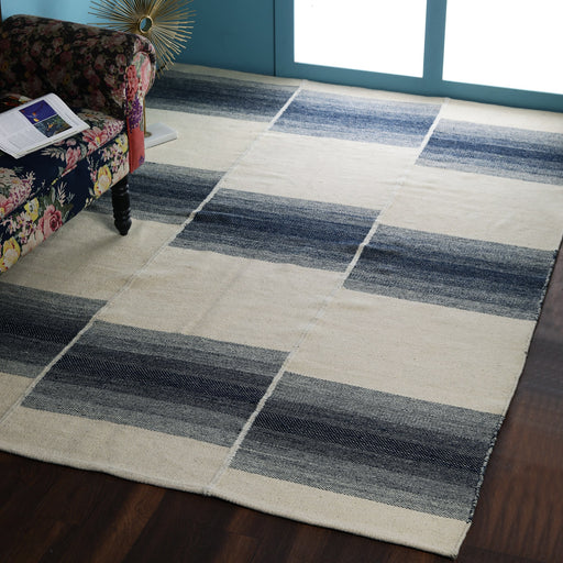 Classic Blue, Gridded-Stripe Woollen PEQURA Rug