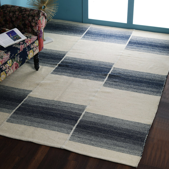 Classic Blue, Gridded-Stripe Woollen PEQURA Rug
