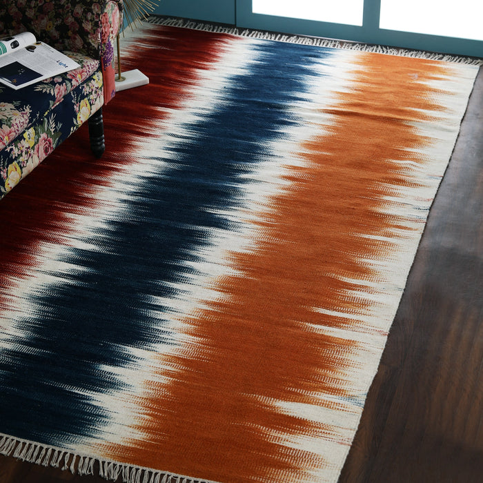 Orange, Blue and Red, Ikat Pattern, Rectangle PEQURA Rug
