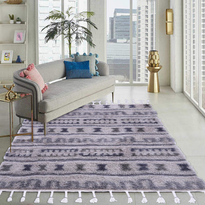 Grey and Beige, Geometric Pattern, Shaggy PEQURA Rug