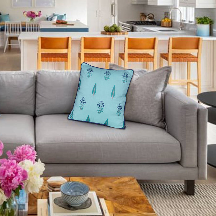 Cotton Aqua Blue Printed Floral Cushion Cover